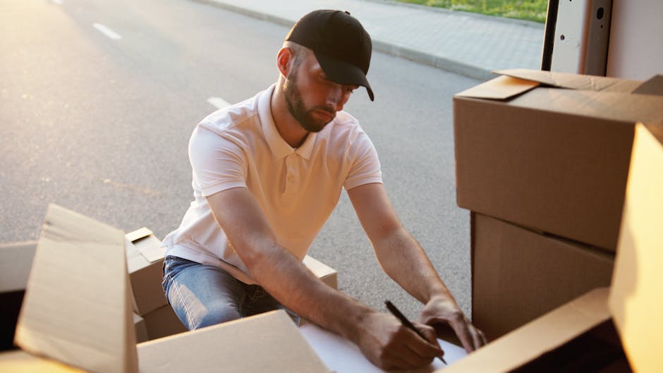A male mover wearing a black cap and white shirt is inspecting and noting details on a clipboard during the packing process of a house move. Behind him, there are several stacks of cardboard boxes, some sealed with tape and others open, prepared for loading. The boxes are placed inside a storage room or part of a property, with natural light illuminating the scene. The background shows a brown wall and a reflective surface, possibly a window or mirror. The mover is focused on his task, which is part of the professional packing and furniture transport involved in a house relocation. Various packing materials, such as cardboard boxes and tape, are visible, indicating an organized approach to safeguarding belongings during the removal process. This scene relates to the packing and moving phase typically managed by companies like Man with Van Hampton Wick, supporting smooth and efficient house removals and relocation services.